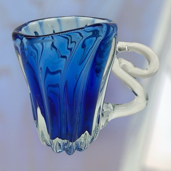 Hand Blown Art Glass Mis-Shapened Blue and Clear Glass 5.25 Inches Tall w/Handle - Picture 5 of 16